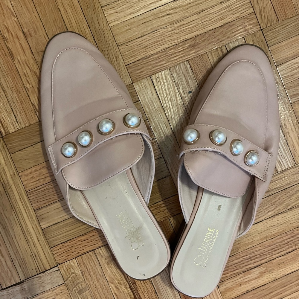 Tan mules with pearls